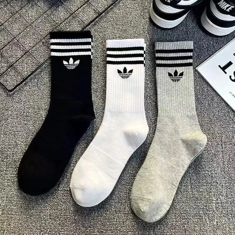 Adidas Black, White, and Grey Three-Stripe Socks