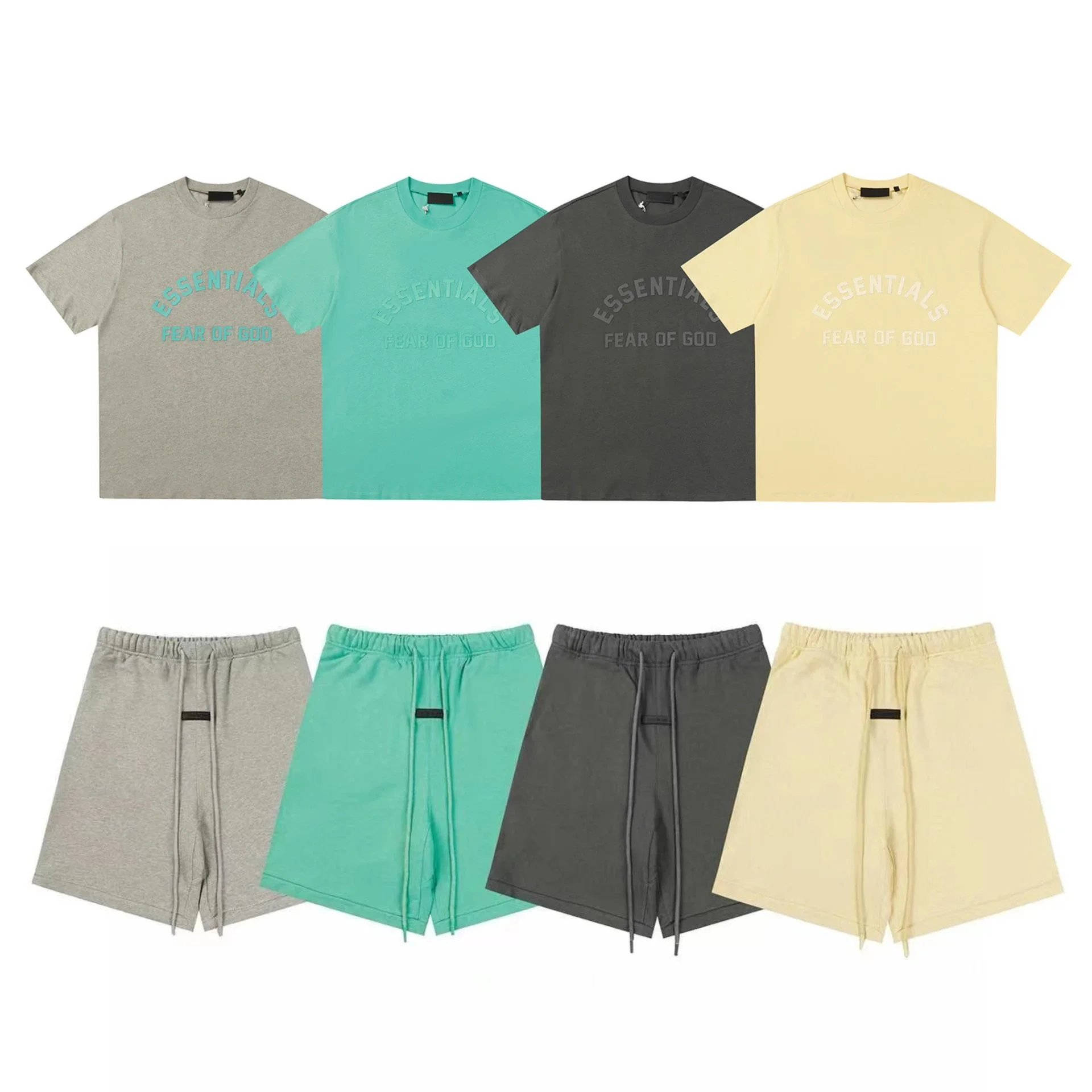 Fear of God Essentials T-Shirt and Shorts Set in Grey, Teal, Black, and Yellow