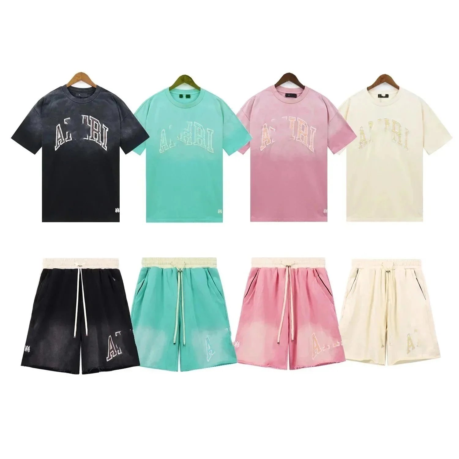 Amiri Tie-Dye T-Shirt and Shorts Set in Black, Teal, Pink, and Beige