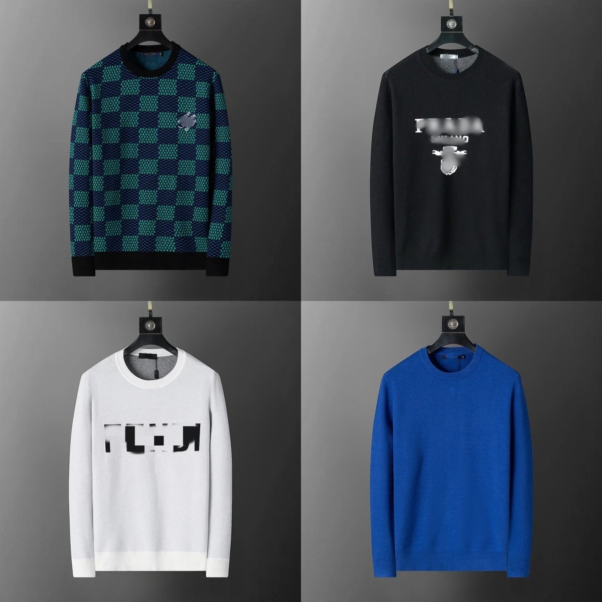 Prada Black Round Neck Sweater, Fendi White Logo Sweater, Blue Solid Sweater, Checkered Pattern Sweater