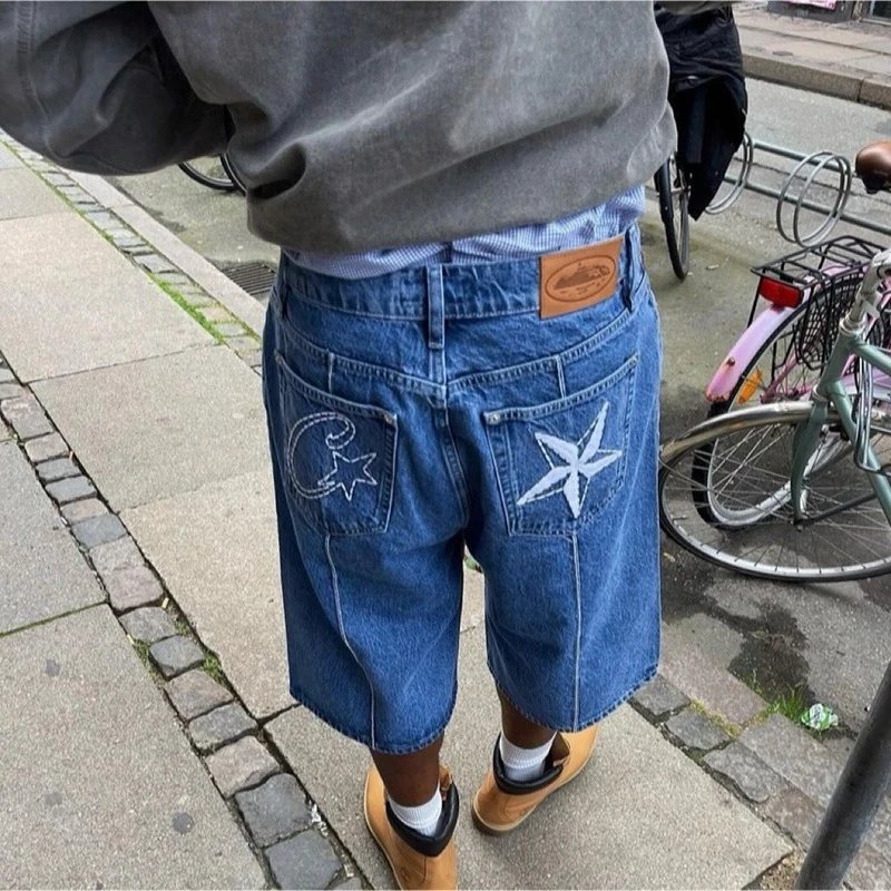 Blue Denim Shorts with Back Pocket Embroidery