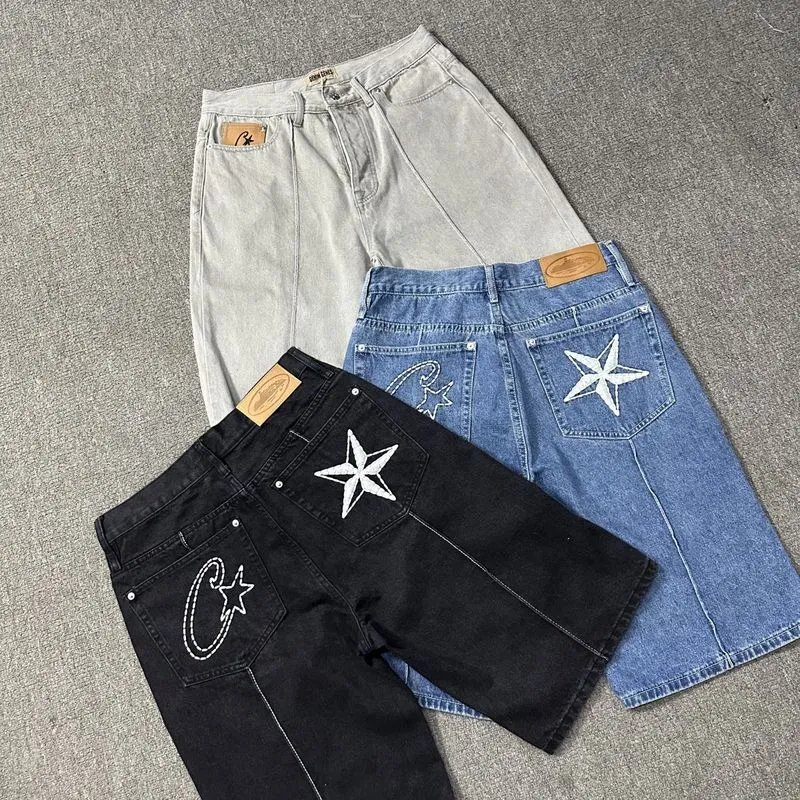 Black, Blue, and Beige Denim Star Shorts