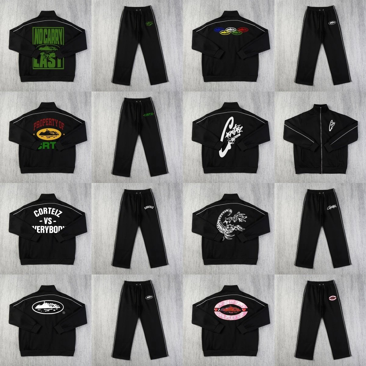 Black Track Jacket and Pants Set with Various Designs