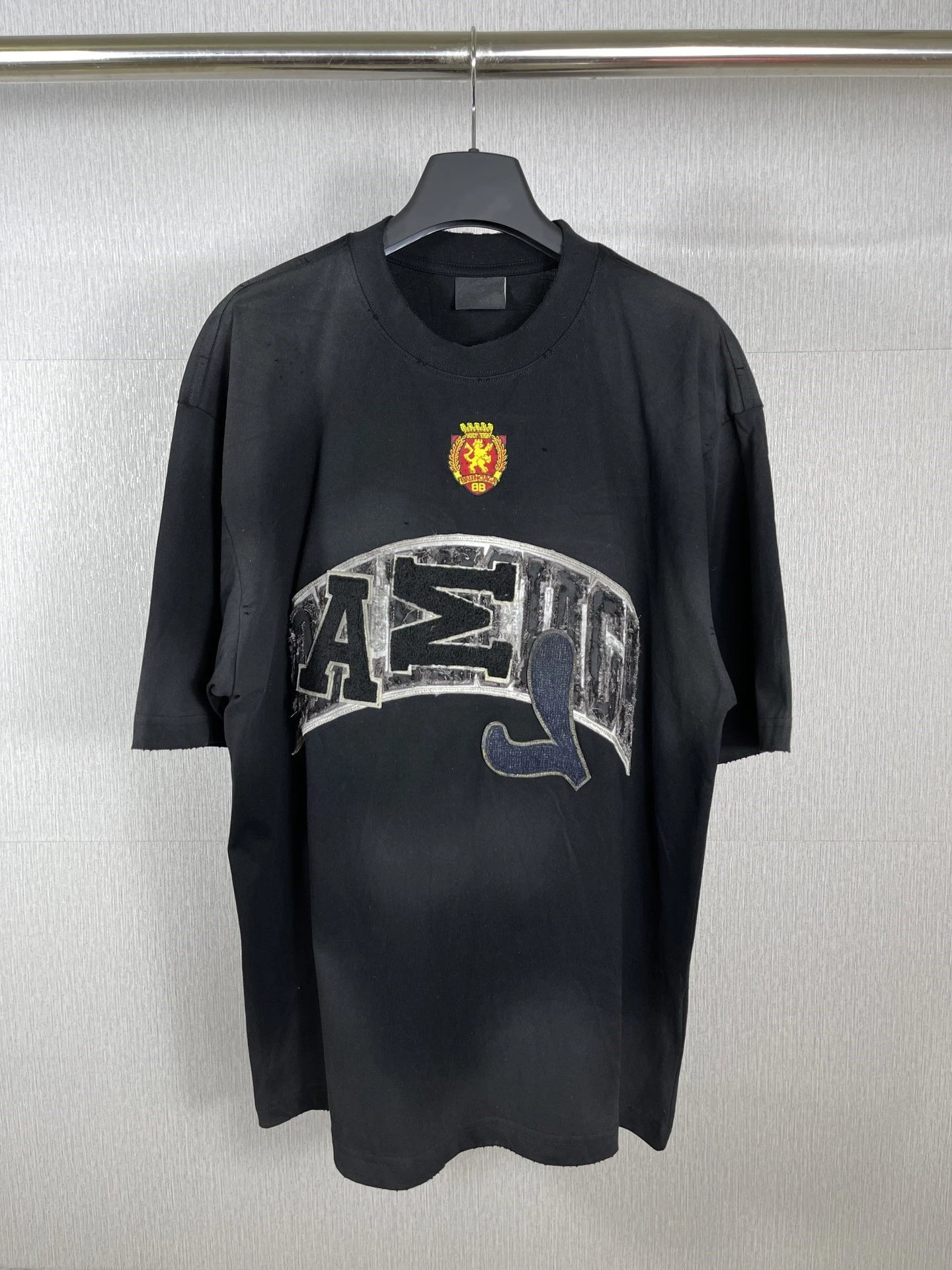 Black Oversized T-Shirt with Embroidered Logo and Lettering