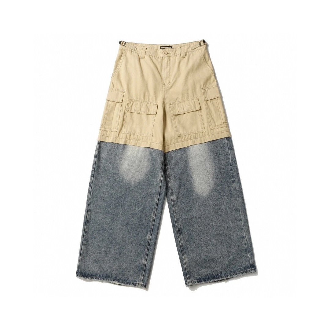 Beige and Blue Cargo Denim Wide-Leg Pants