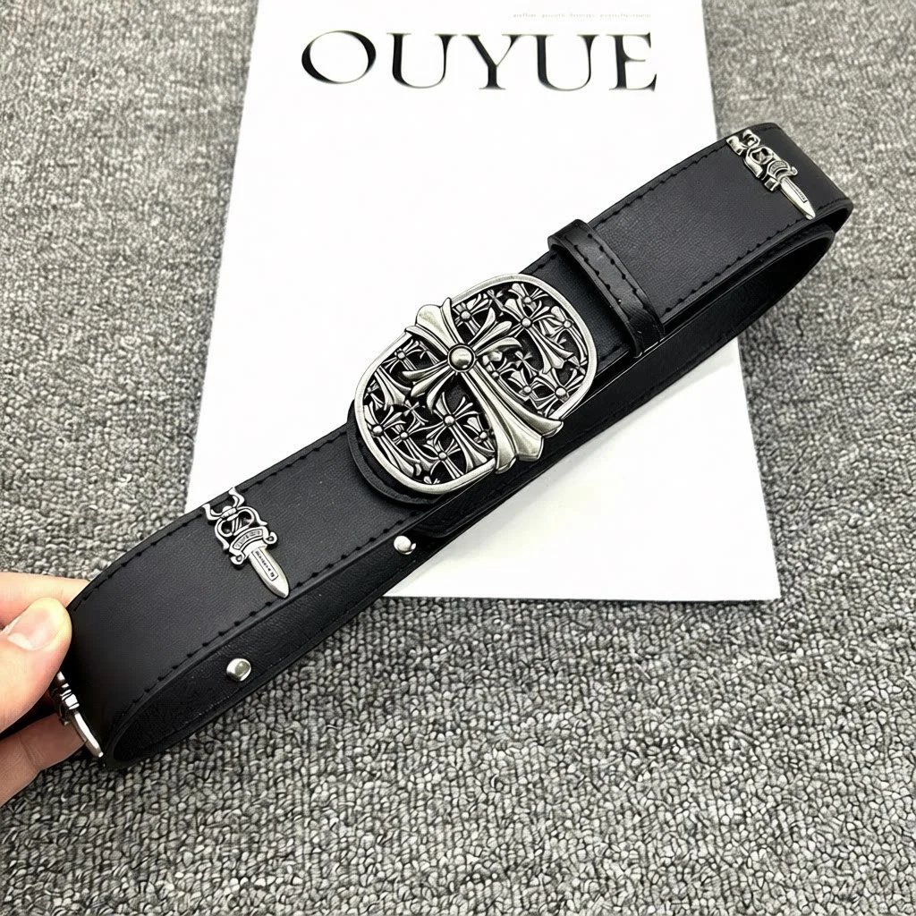 OUYUE Black Leather Belt with Ornate Buckle