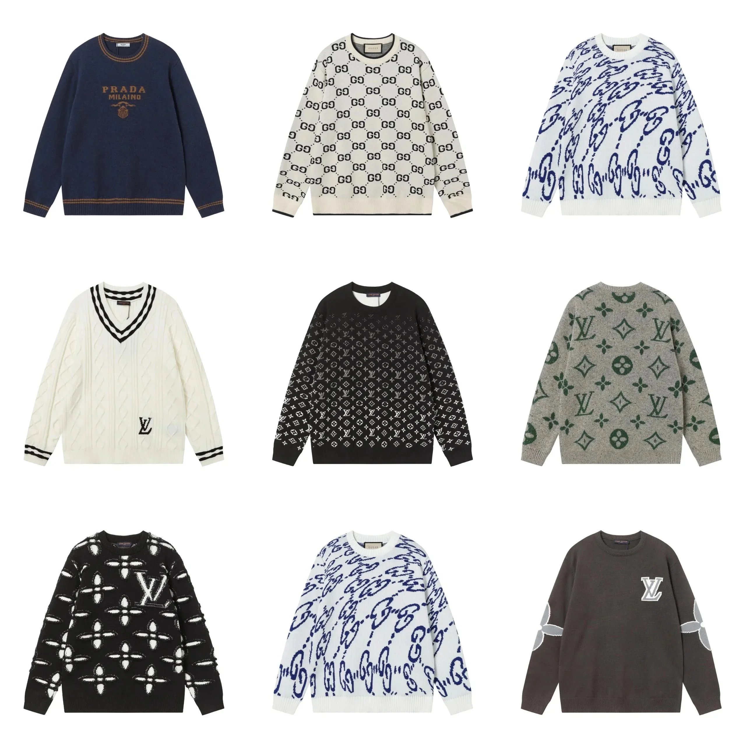 Prada Blue Logo Sweater, Louis Vuitton Monogram Knit Sweaters, Gucci All-Over GG Sweater