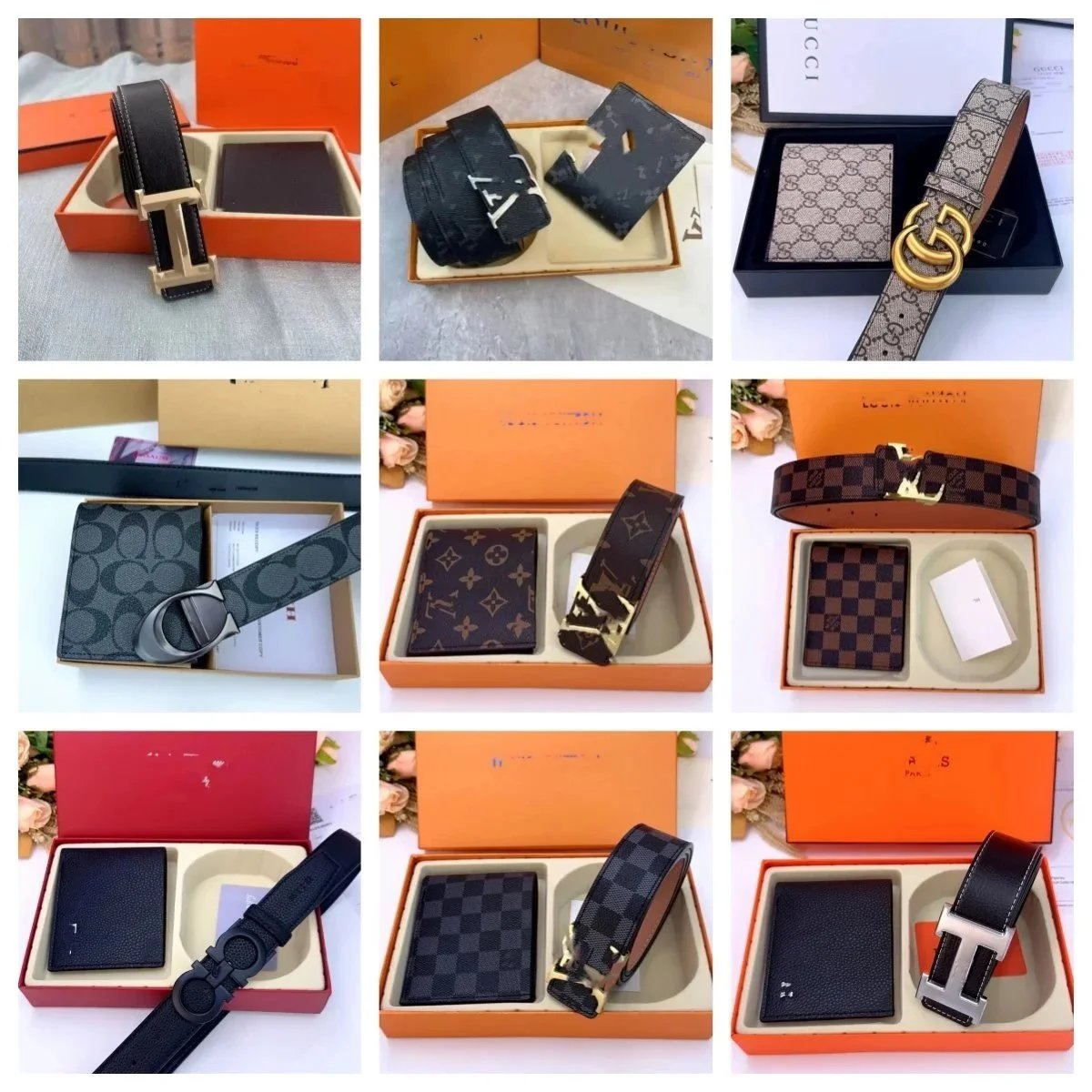 Luxury Brand Belt and Wallet Sets in Various Styles and Colors