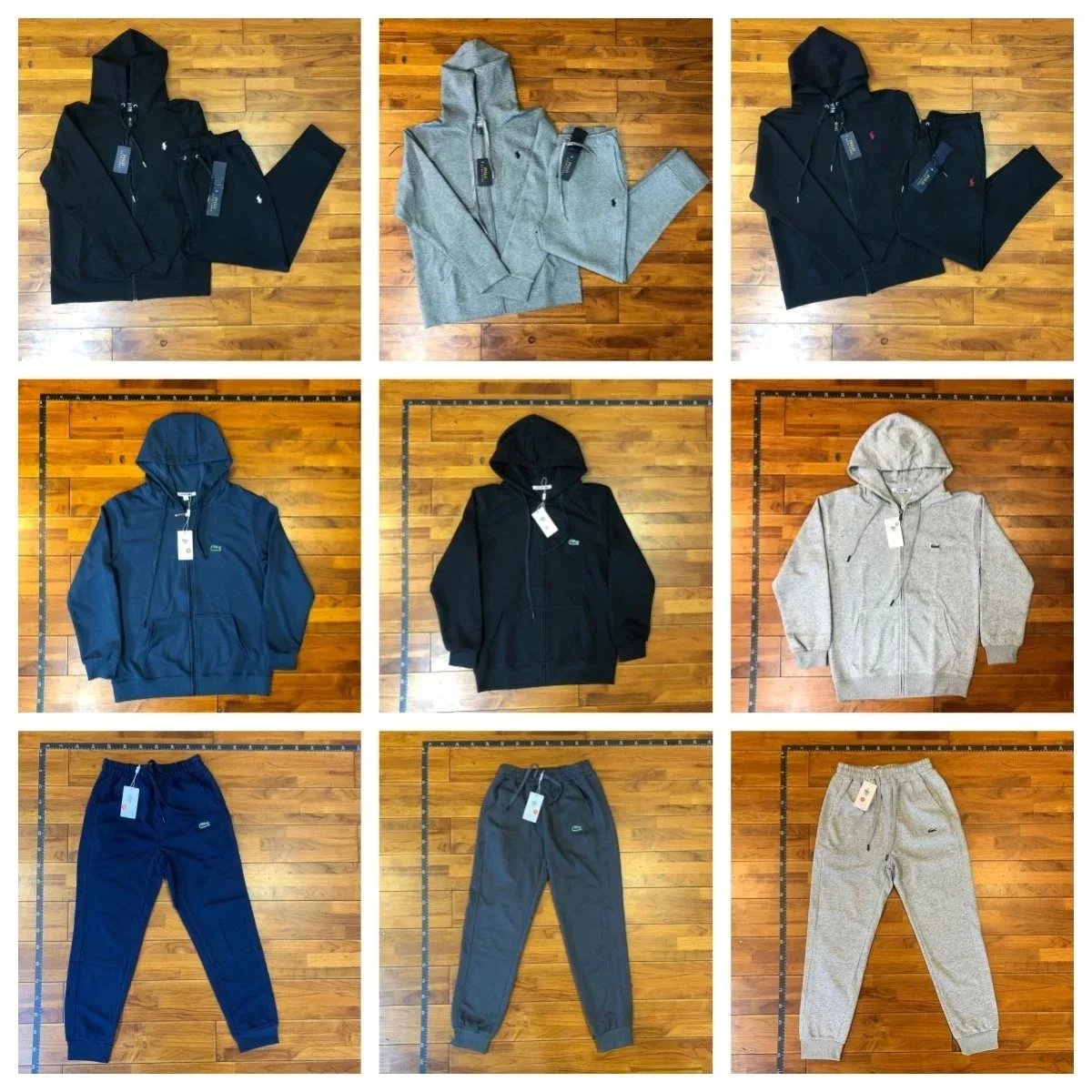 Lacoste Black Full-Zip Hoodie and Pants Set, Grey Full-Zip Hoodie and Pants Set, Blue Full-Zip Hoodie