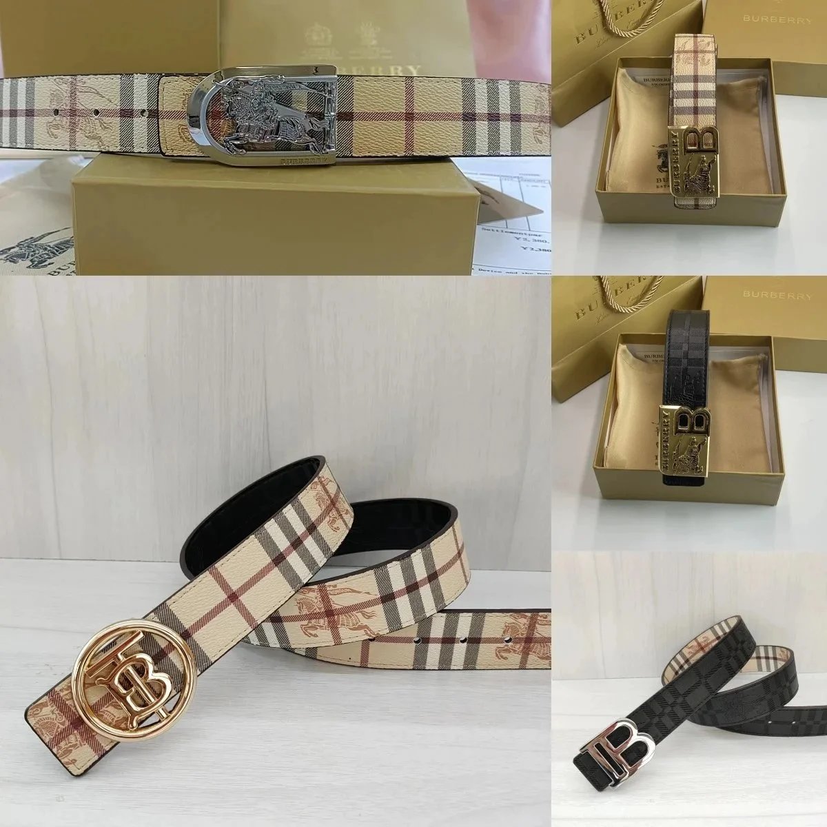 Burberry Beige and Black Checkered Belt with Metal Buckle