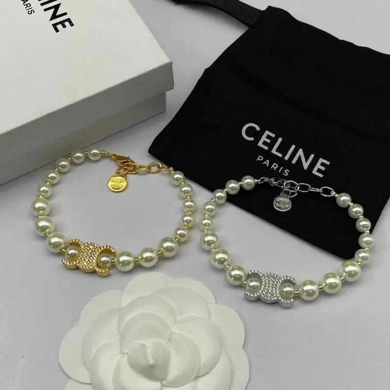 Celine Pearl Bead Bracelet with Logo Charm