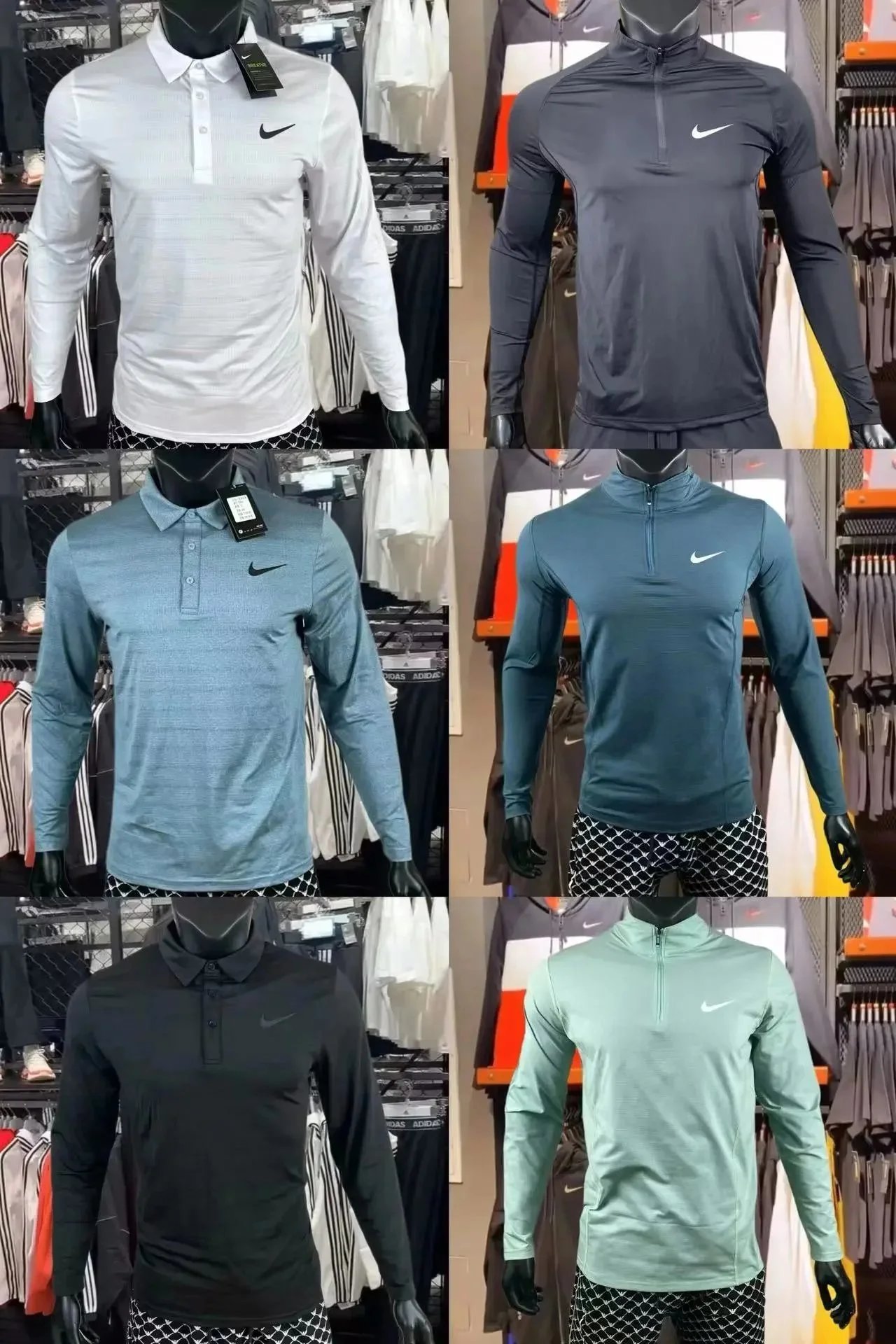 Nike White Long Sleeve Polo, Nike Black Half-Zip Top, Nike Blue Long Sleeve Polo, Nike Teal Half-Zip Top, Nike Black Long Sleeve Polo, Nike Mint Half-Zip Top