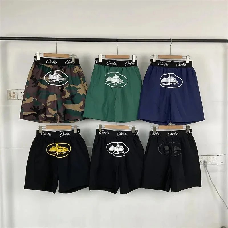 Cartie Camouflage, Green, and Blue Elastic Waist Shorts