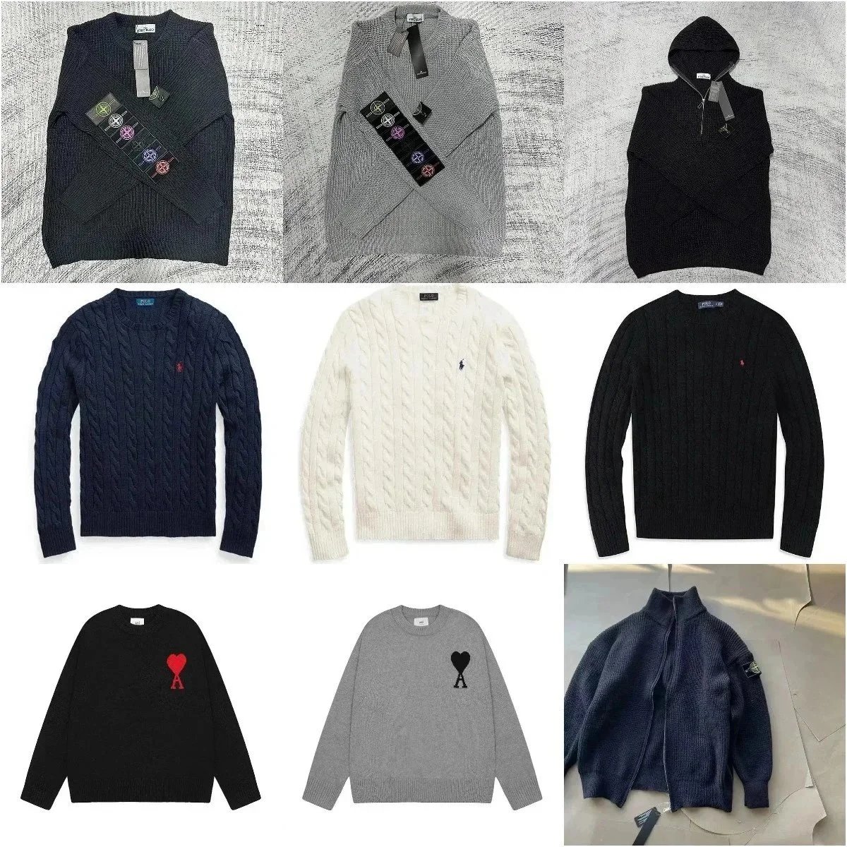 Stone Island Black Hoodie, Ralph Lauren Cable Knit Sweaters in Navy, White, and Black, AMI Heart Logo Sweaters in Black and Grey