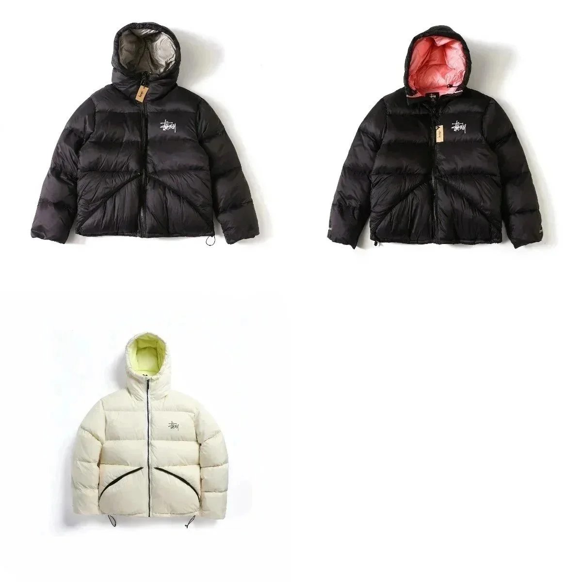 Stussy Black and Cream Puffer Jackets with Hood
