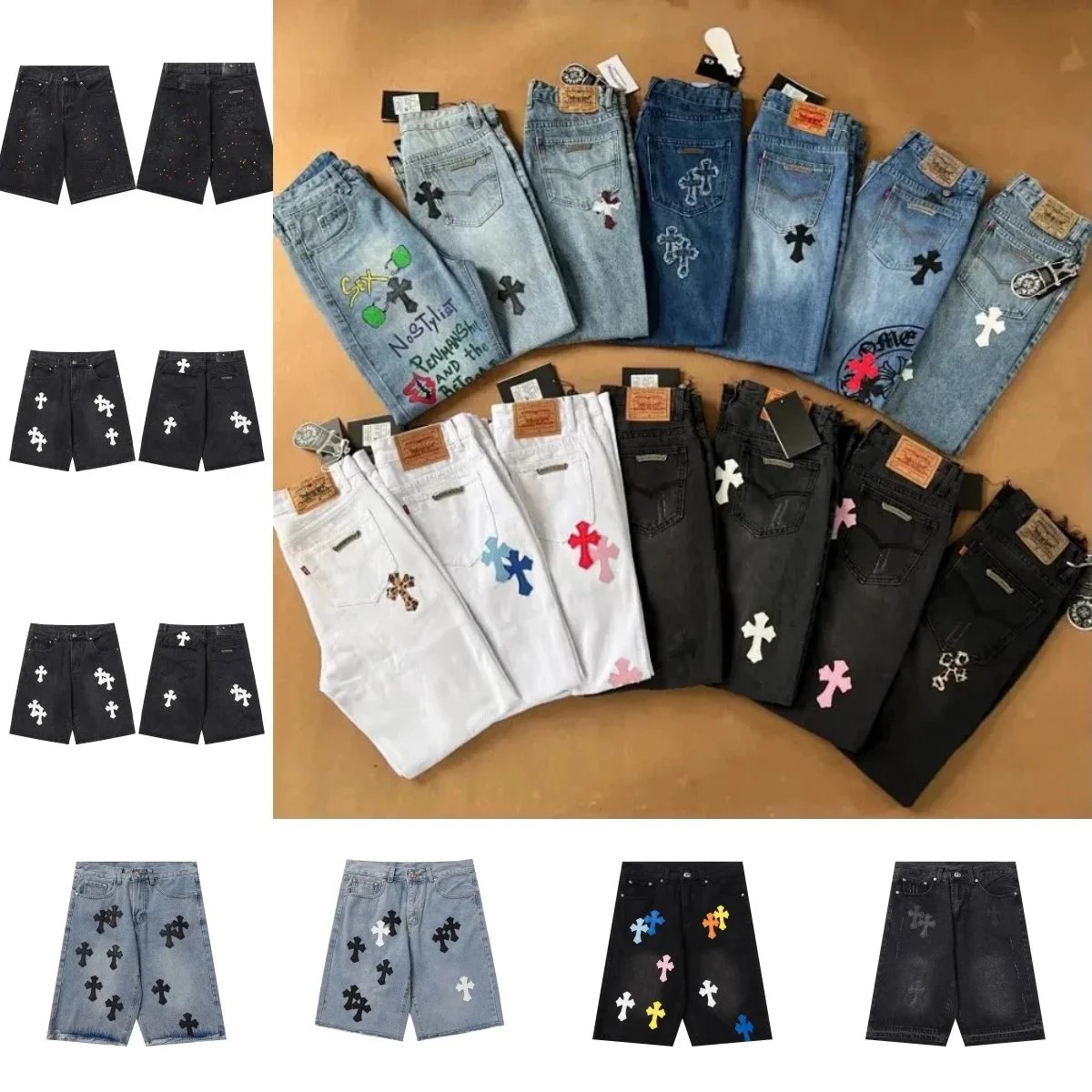 Cross Embroidery Denim Shorts and Jeans in Various Colors