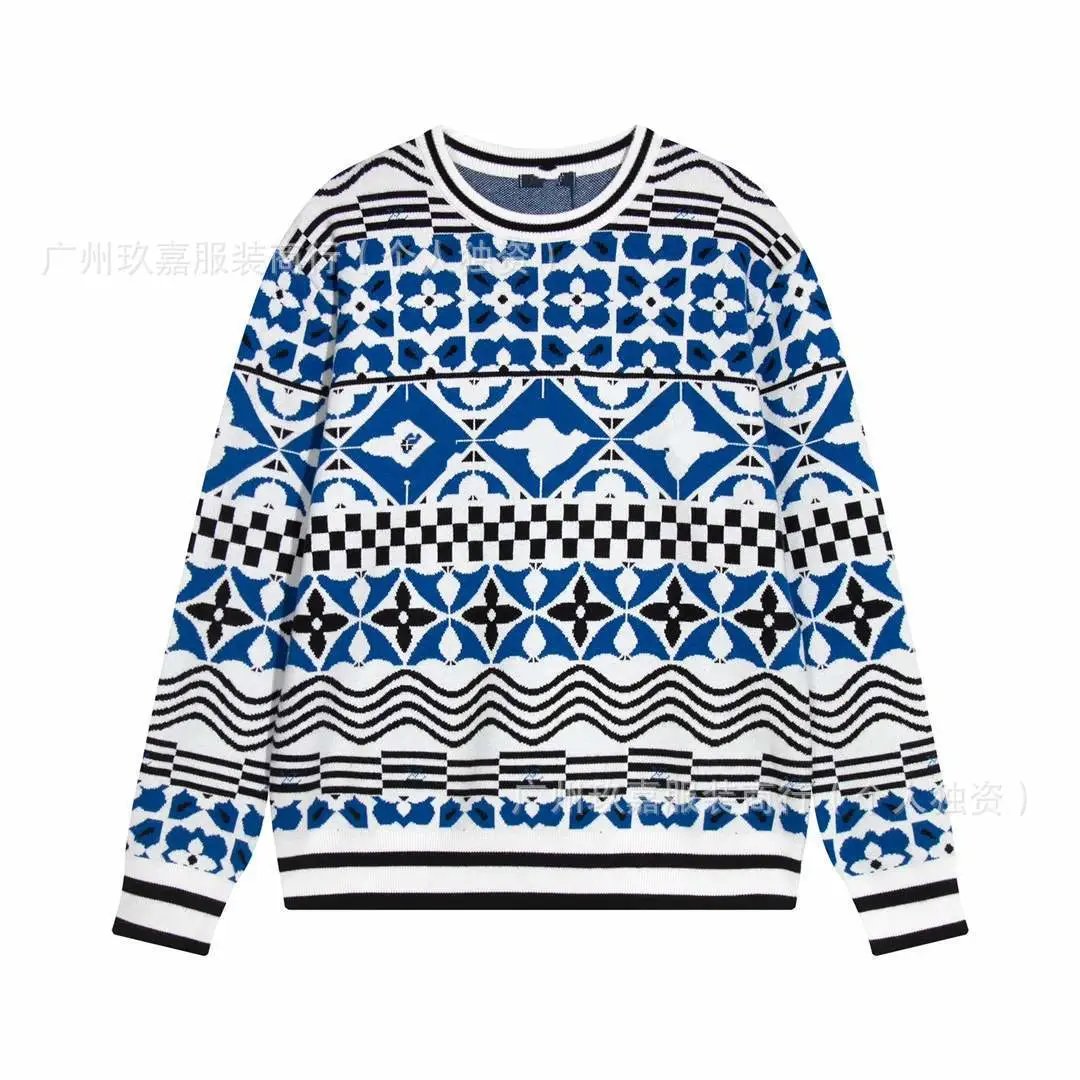 Blue and White Patterned Knit Sweater