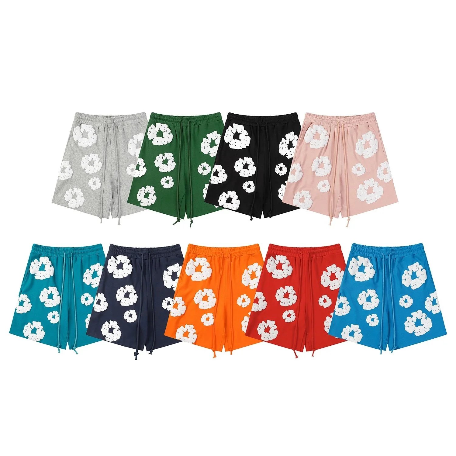 Colorful Drawstring Shorts with White Floral Applique