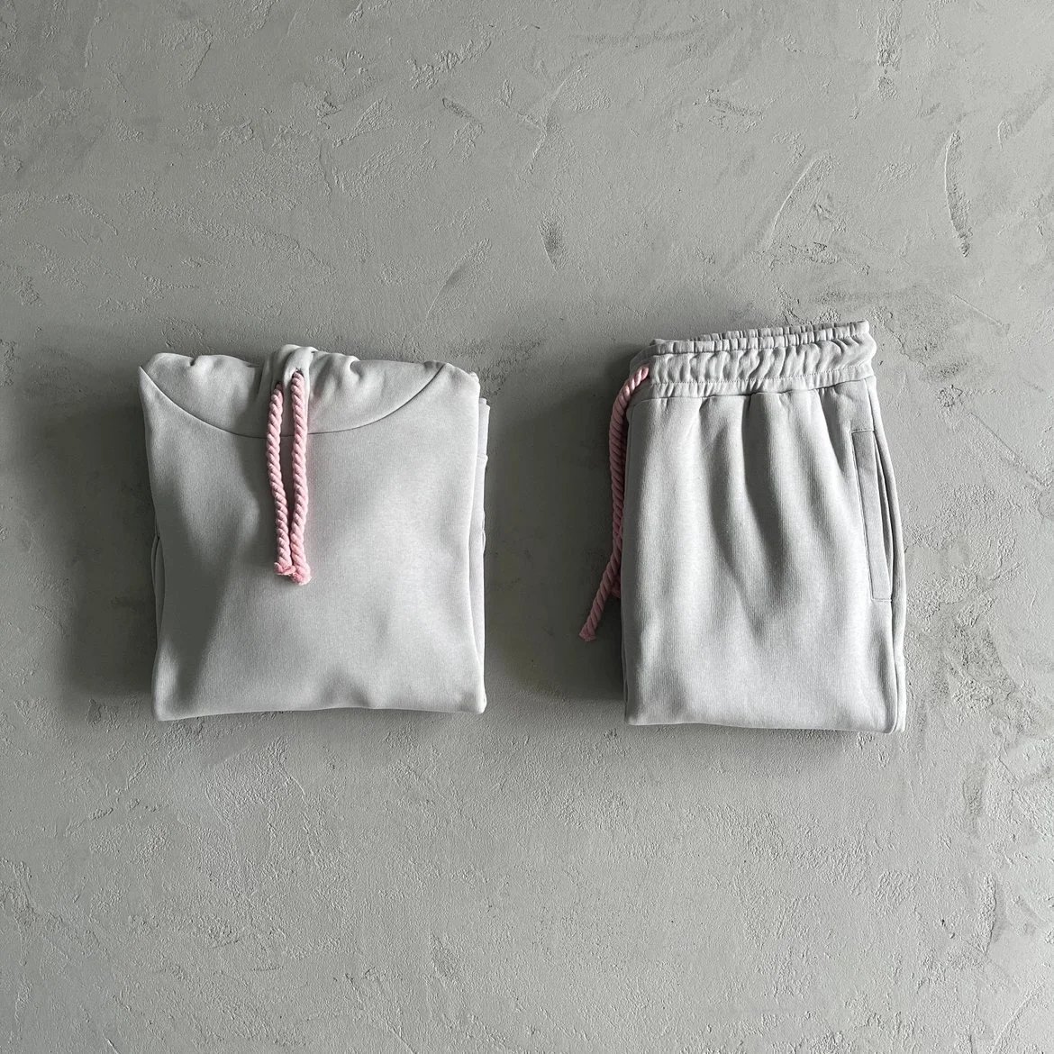 Light Grey Hoodie and Sweatpants Set with Pink Drawstrings