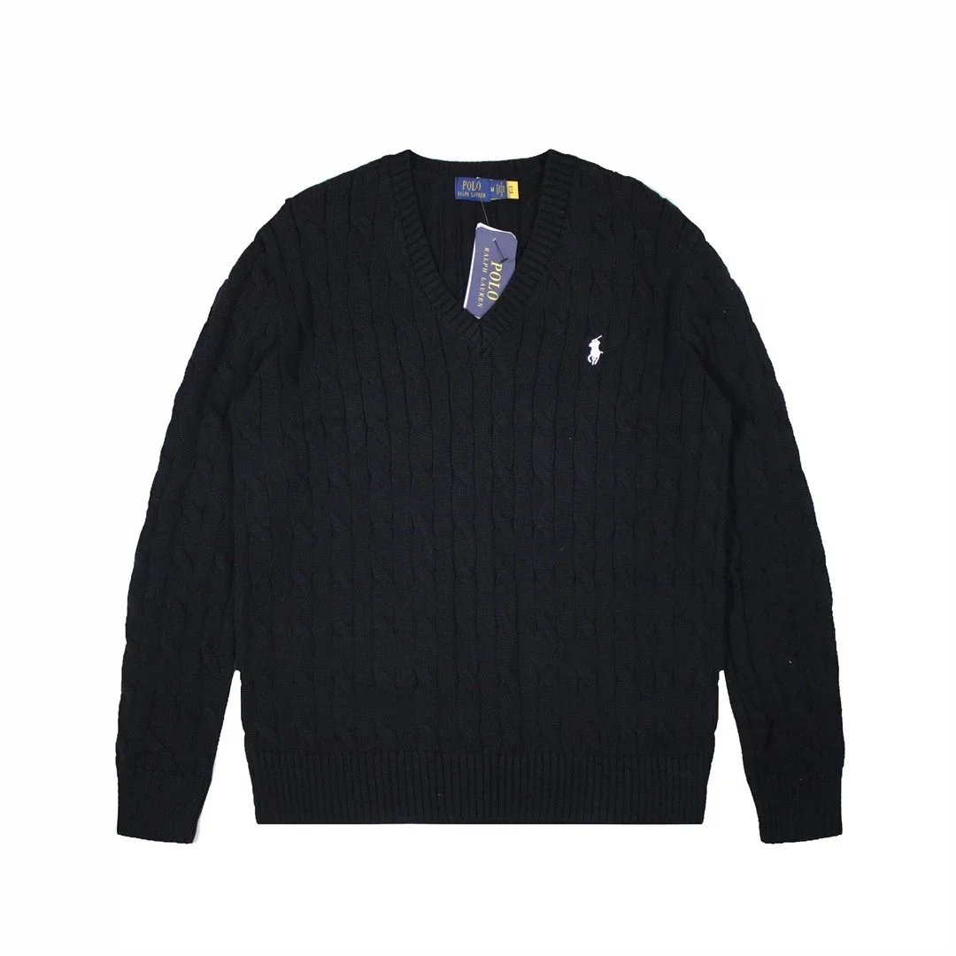 Ralph Lauren Black Cable Knit V-Neck Sweater