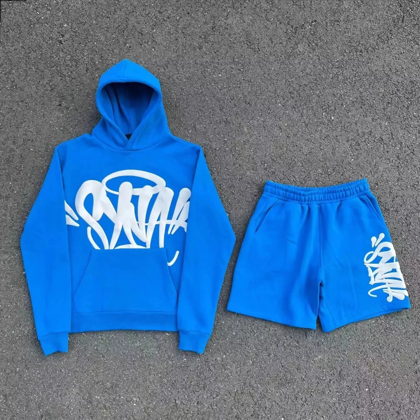 Blue Hoodie and Shorts Set with White Graphic Design