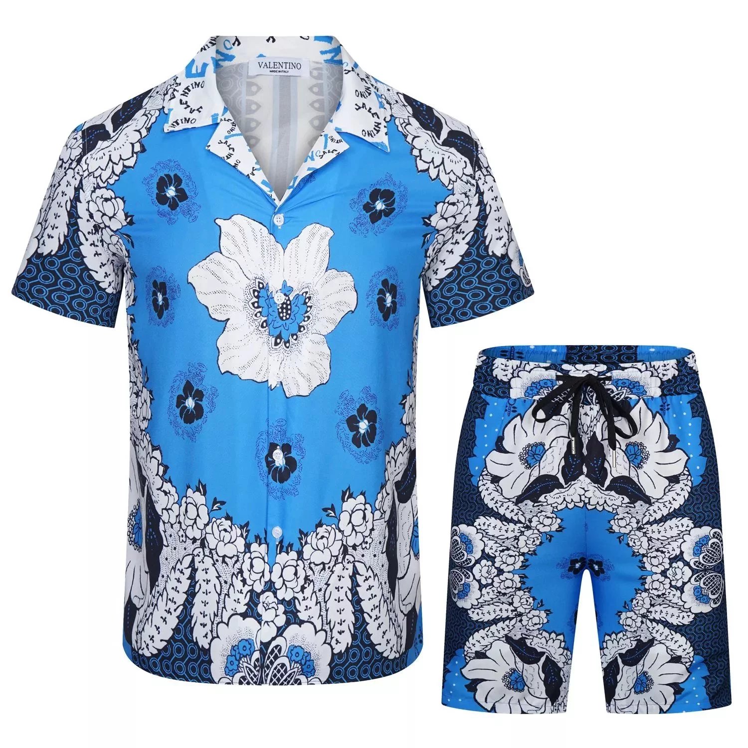 Valentino Blue Floral Short Sleeve Shirt and Shorts Set