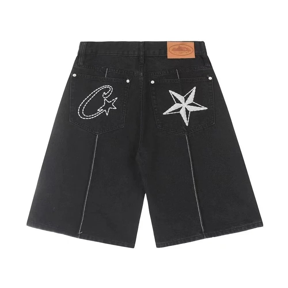Black Denim Shorts with Star Embroidery