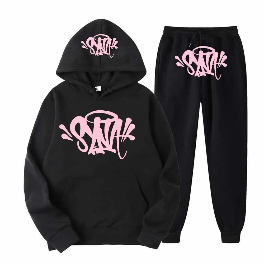 Black Hoodie and Pants Set with Pink Graffiti Print