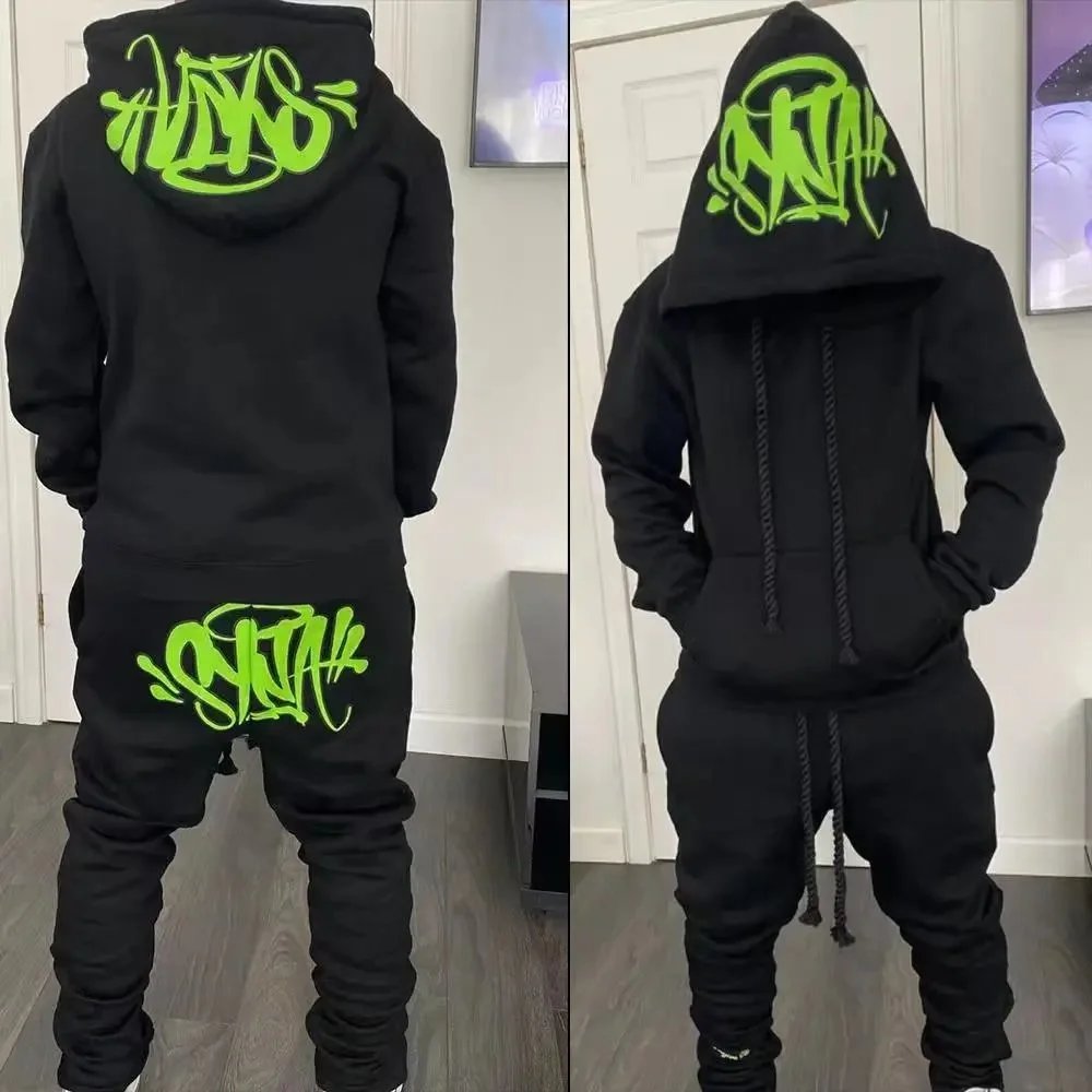 Black Hoodie and Pants Set with Green Graffiti Design