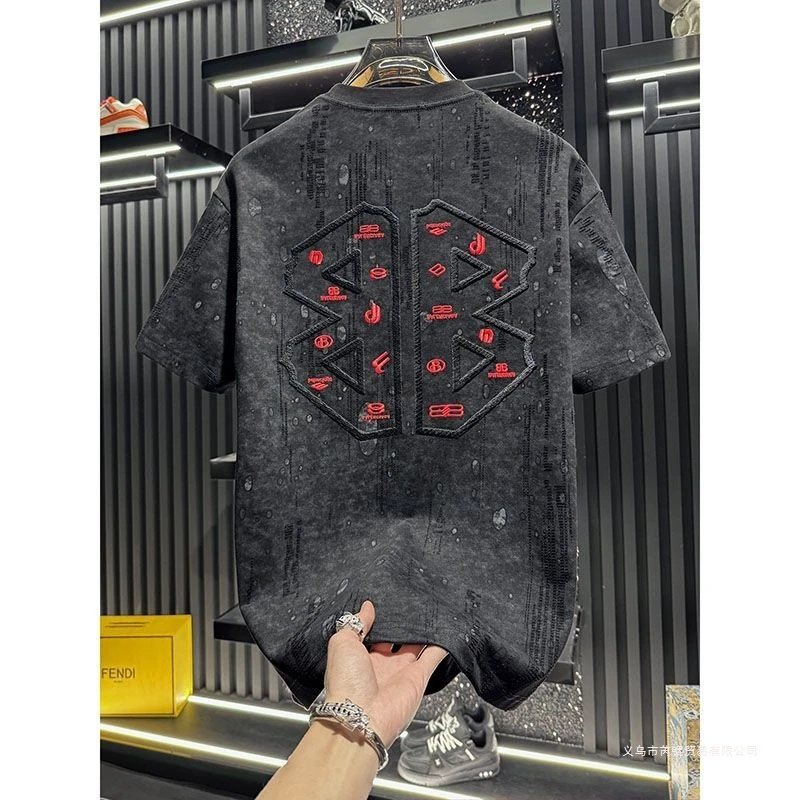 Black Short Sleeve T-Shirt with Red Embroidery Design