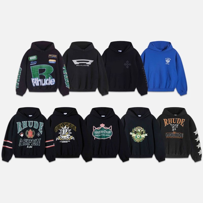 Rhude Black and Blue Hoodies with Various Brand Logos