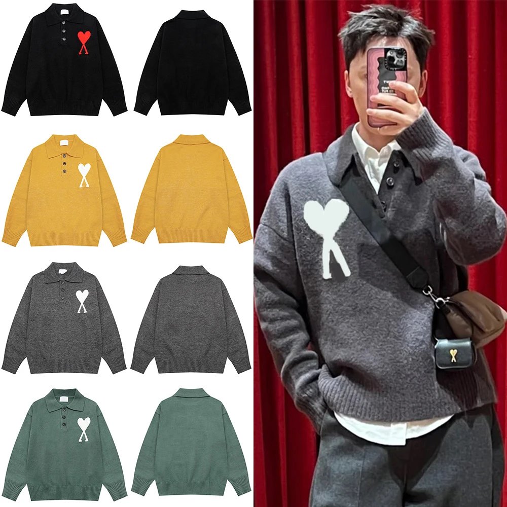 AMI Heart Grey Knit Polo Sweater