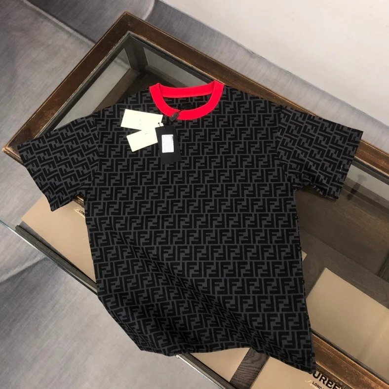 Fendi Black FF Logo T-Shirt with Red Collar