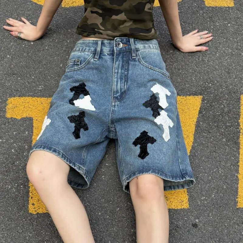 Cross Embroidery Denim Shorts