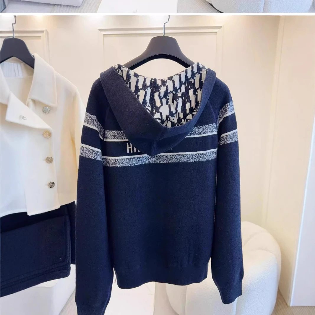 Navy Striped Knit Hoodie