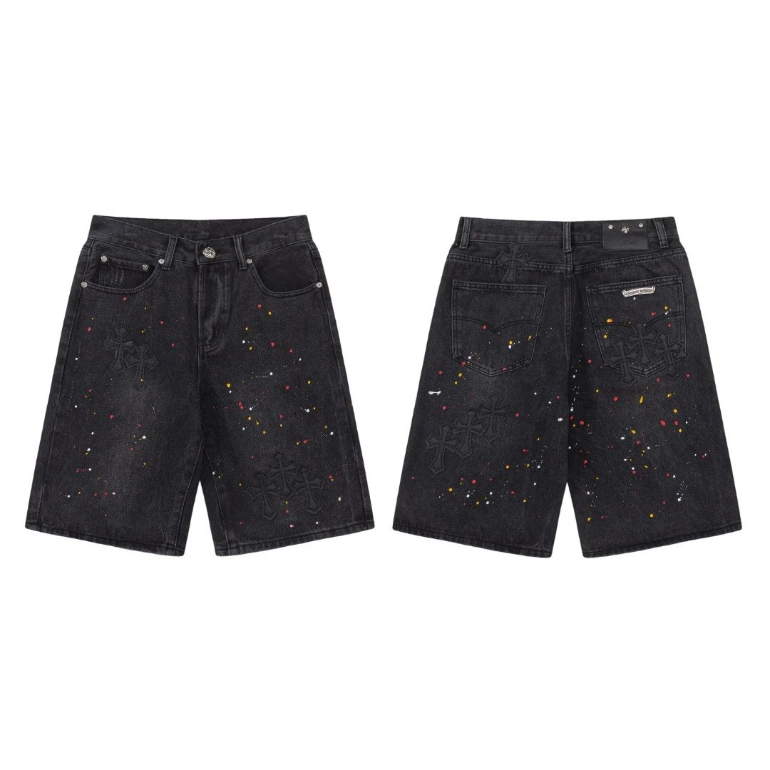 Chrome Hearts Black Paint Splatter Denim Shorts