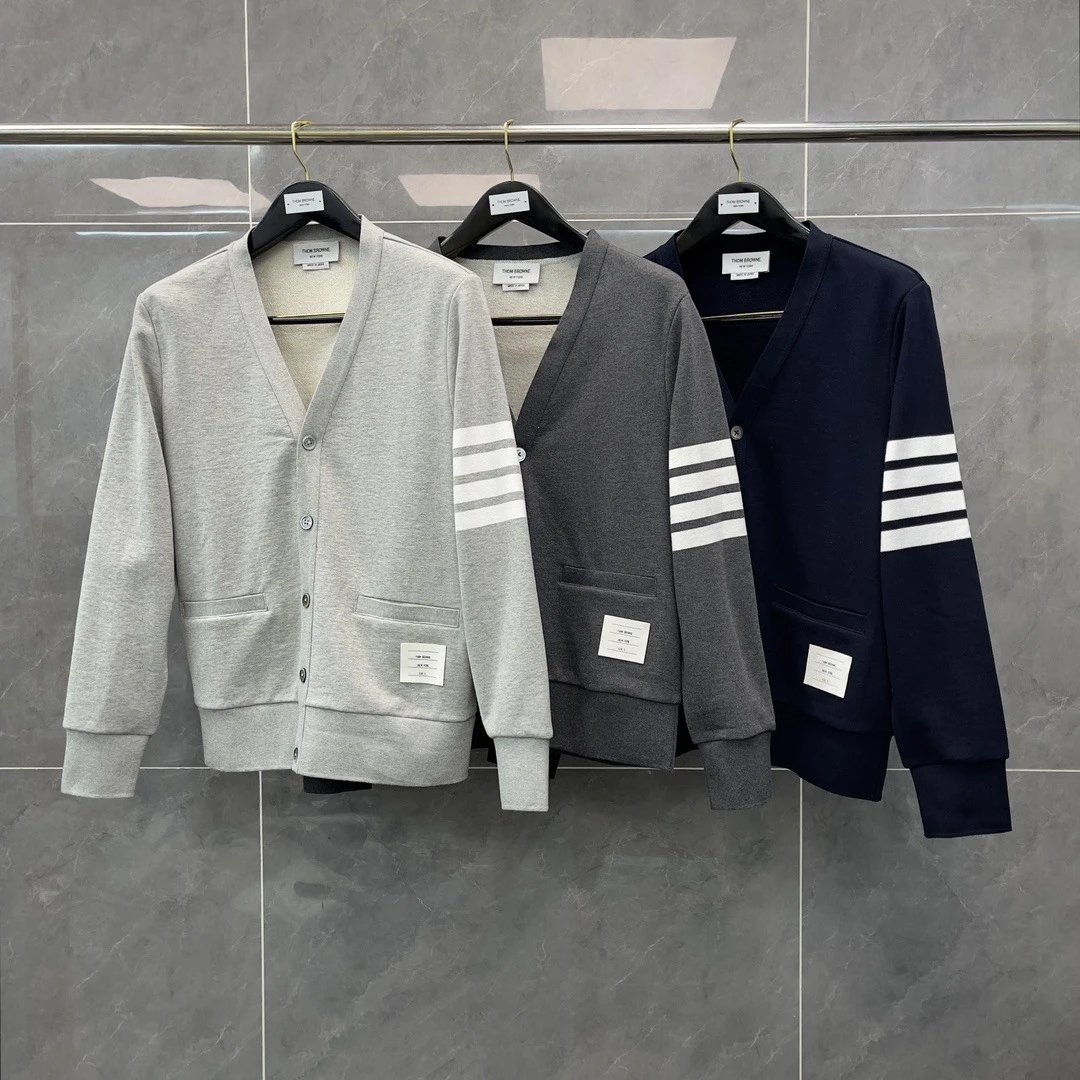 TB Grey V-Neck Cardigan with Striped Sleeves