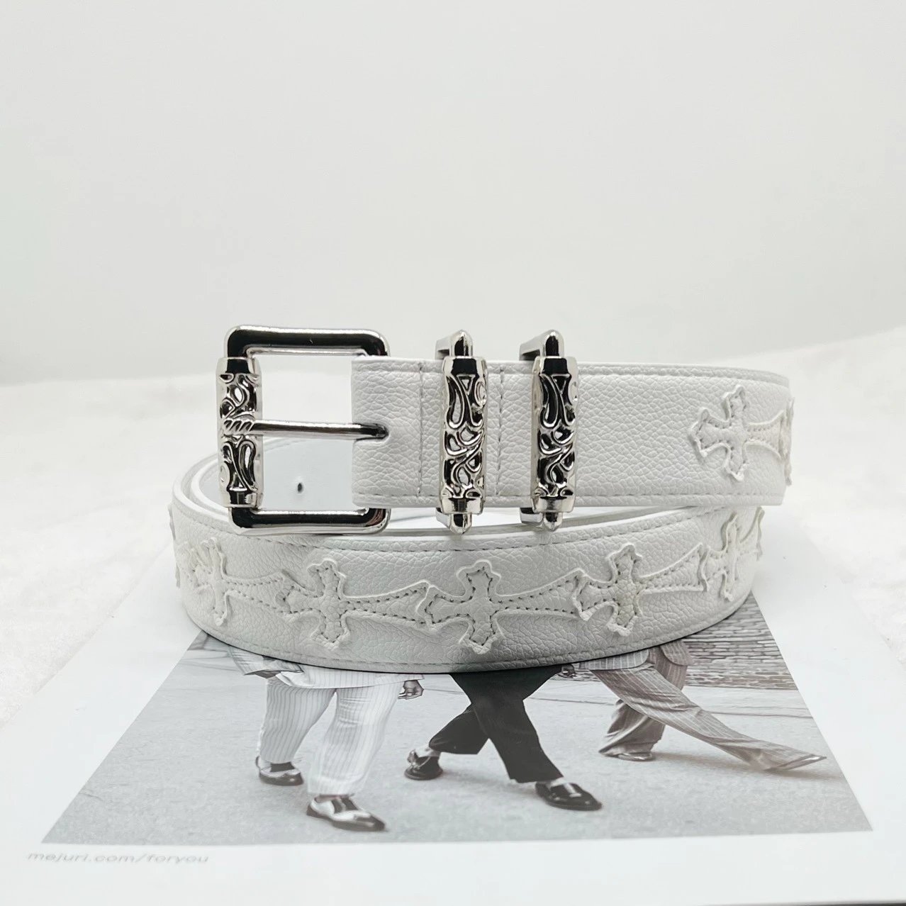 White Leather Belt with Silver Buckle and Embossed Crosses