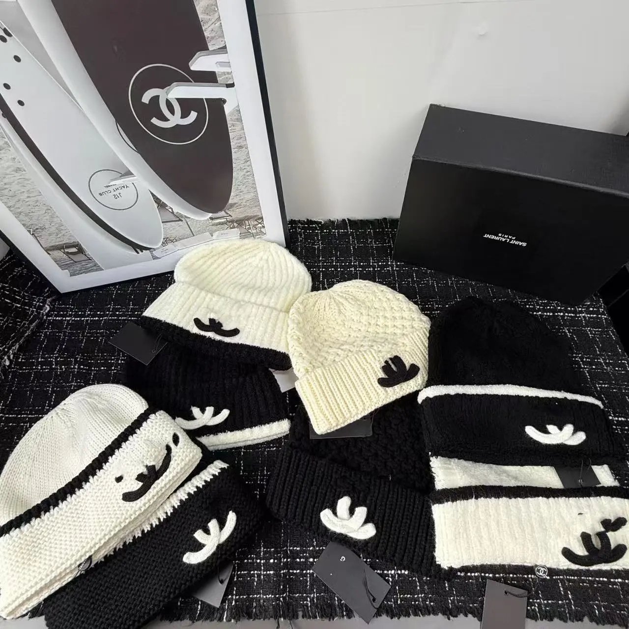 Chanel Black and White Knit Beanie Hats
