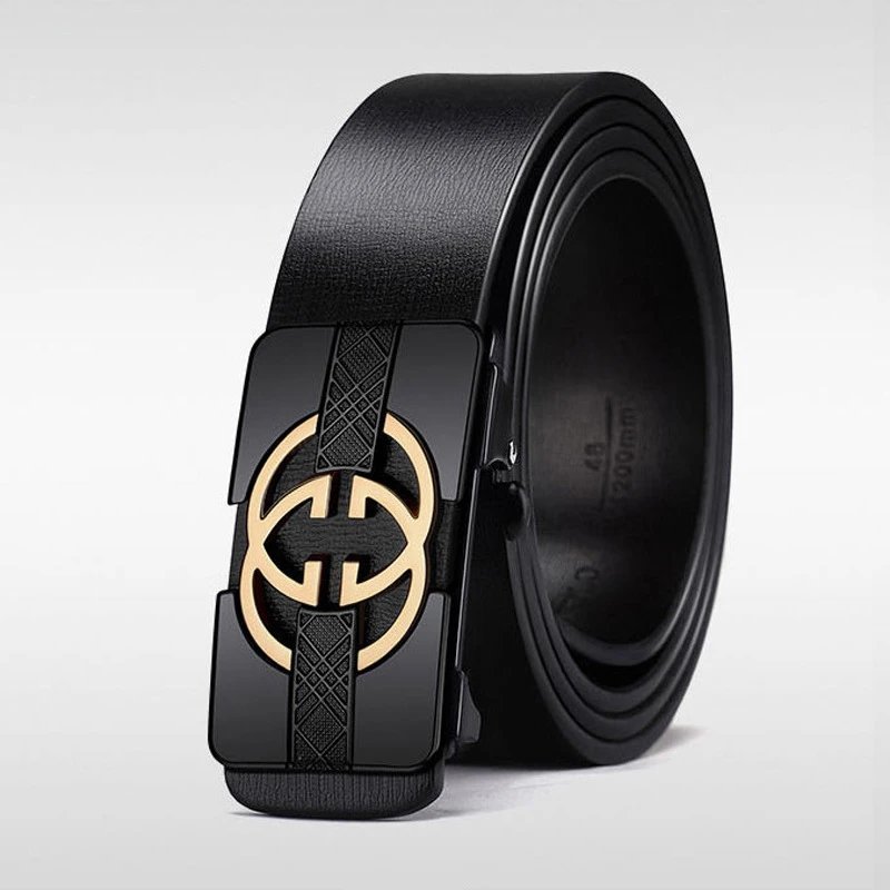 Black Leather Belt with Gold and Black Buckle