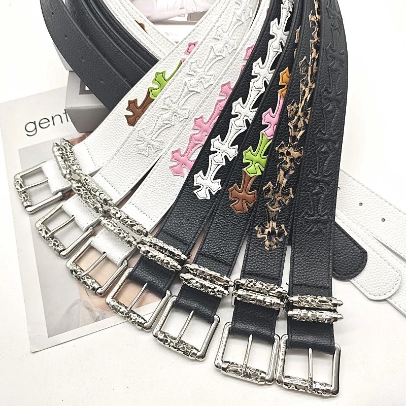 Cross Embroidery Leather Belts with Silver Buckles