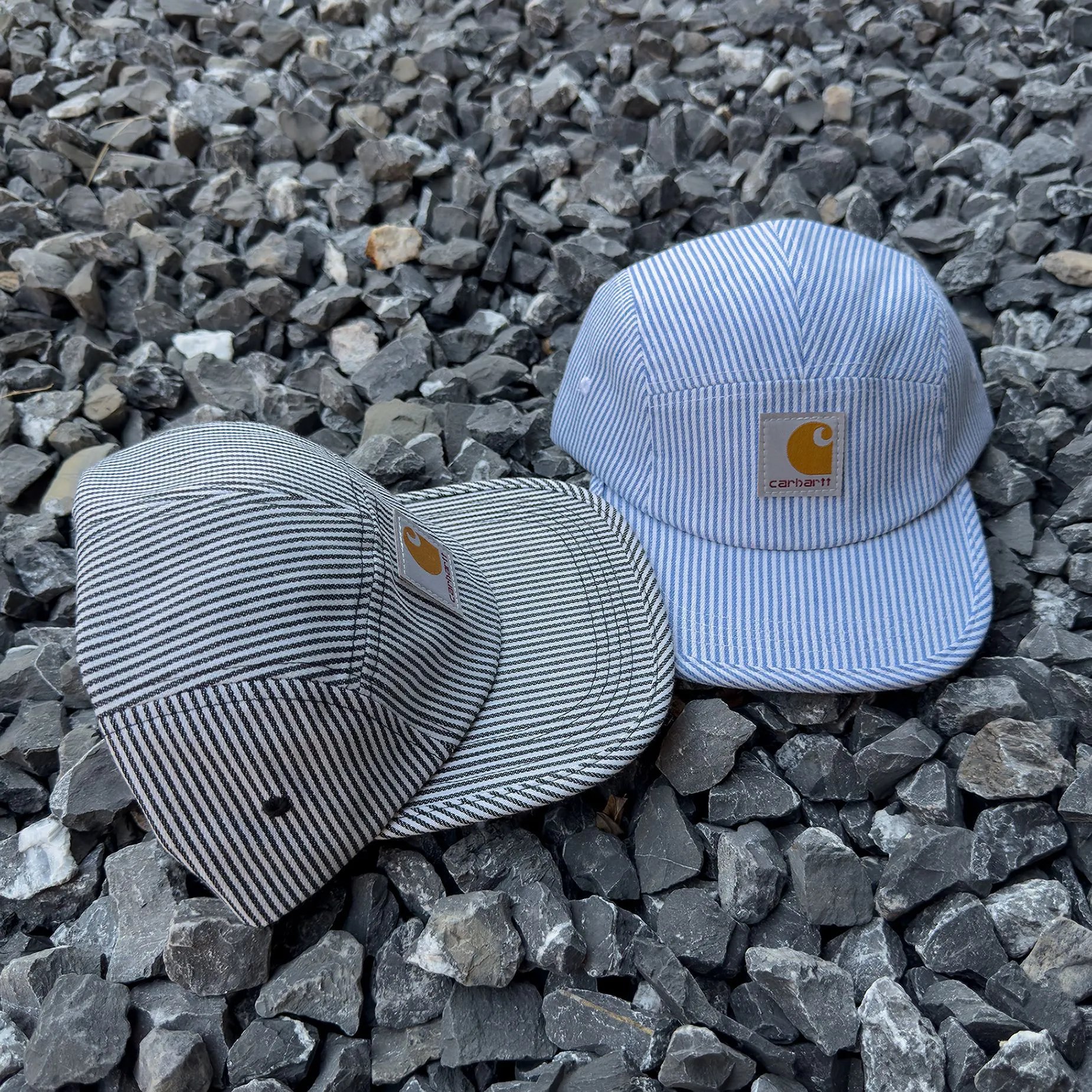 Carhartt Blue and Grey Striped 5 Panel Caps