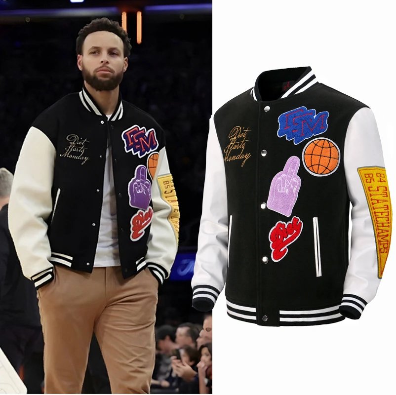 Black and White Letterman Jacket with Patches