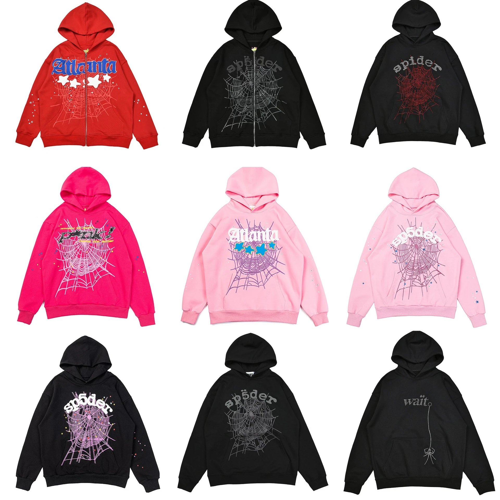 Spider Web Print Zip-Up Hoodies in Red, Pink, and Black