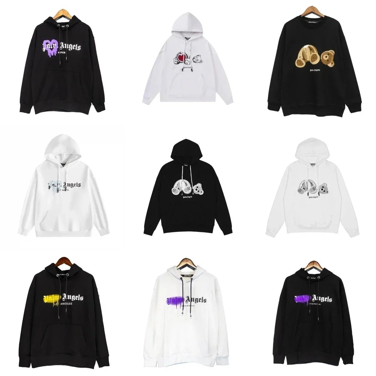Palm Angels Black and White Hoodies with Logo and Bear Designs