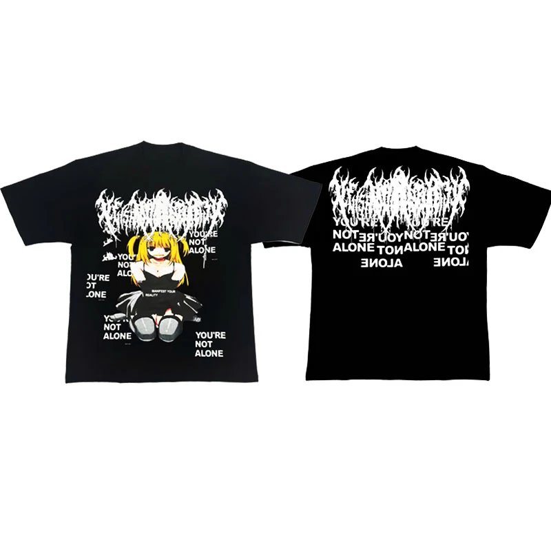 Black Graphic T-Shirt with Anime Design and Text