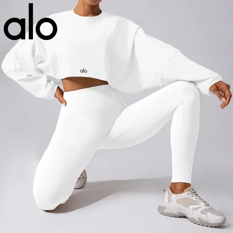 Alo White Crop Sweatshirt and Leggings Set