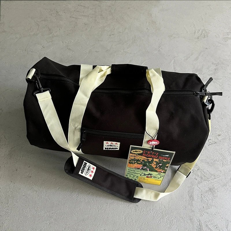 Black Duffle Bag with Cream Straps