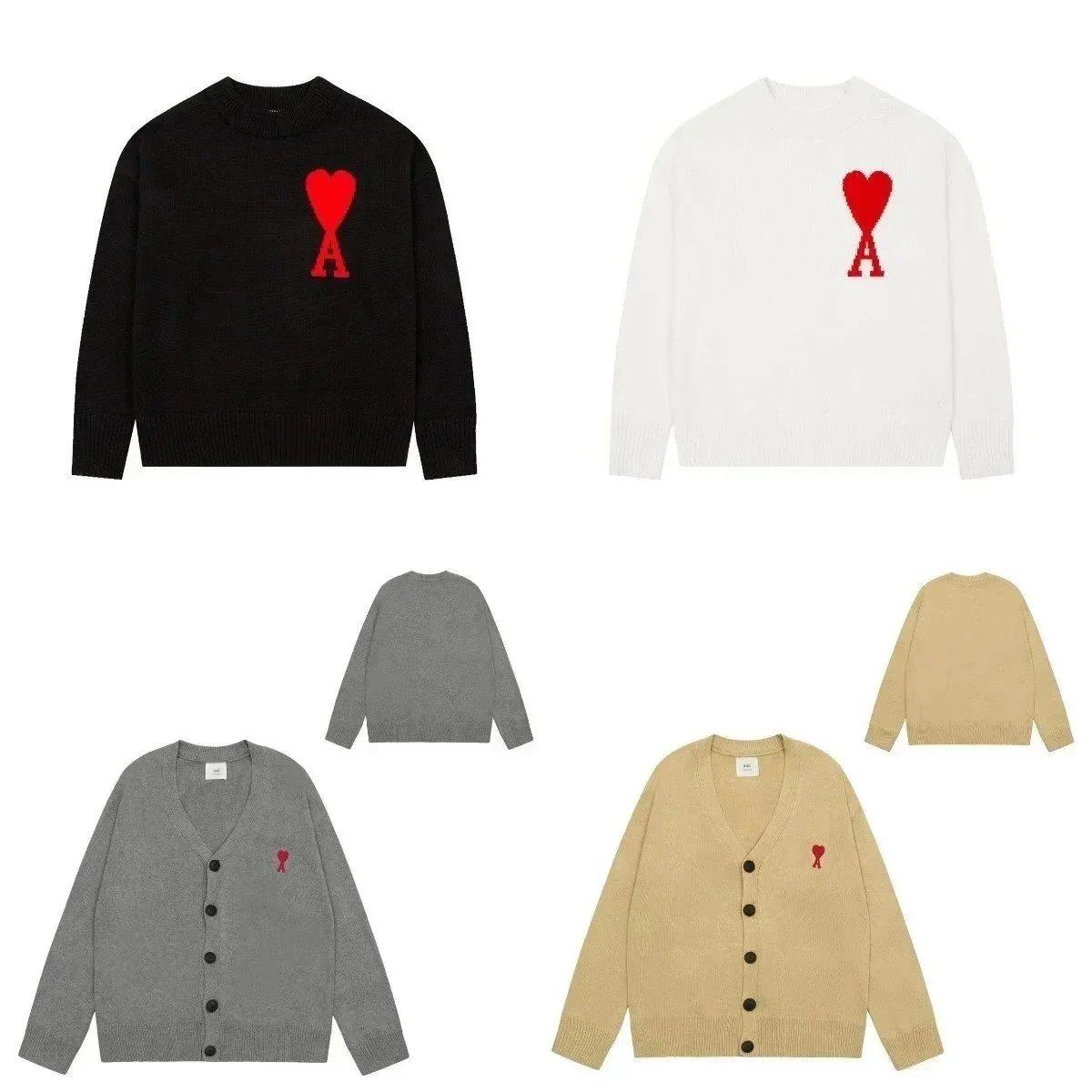 Ami Paris Black and White Sweaters with Red Heart Logo, Grey and Beige Cardigans