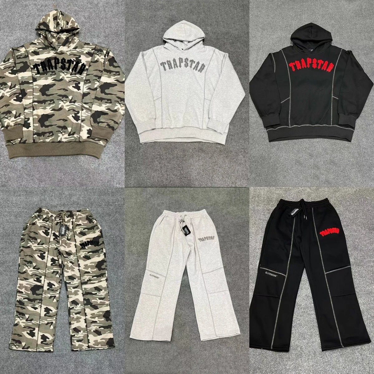 Trapstar Camo Hoodie and Pants Set, Grey Hoodie and Pants Set, Black Hoodie and Pants Set